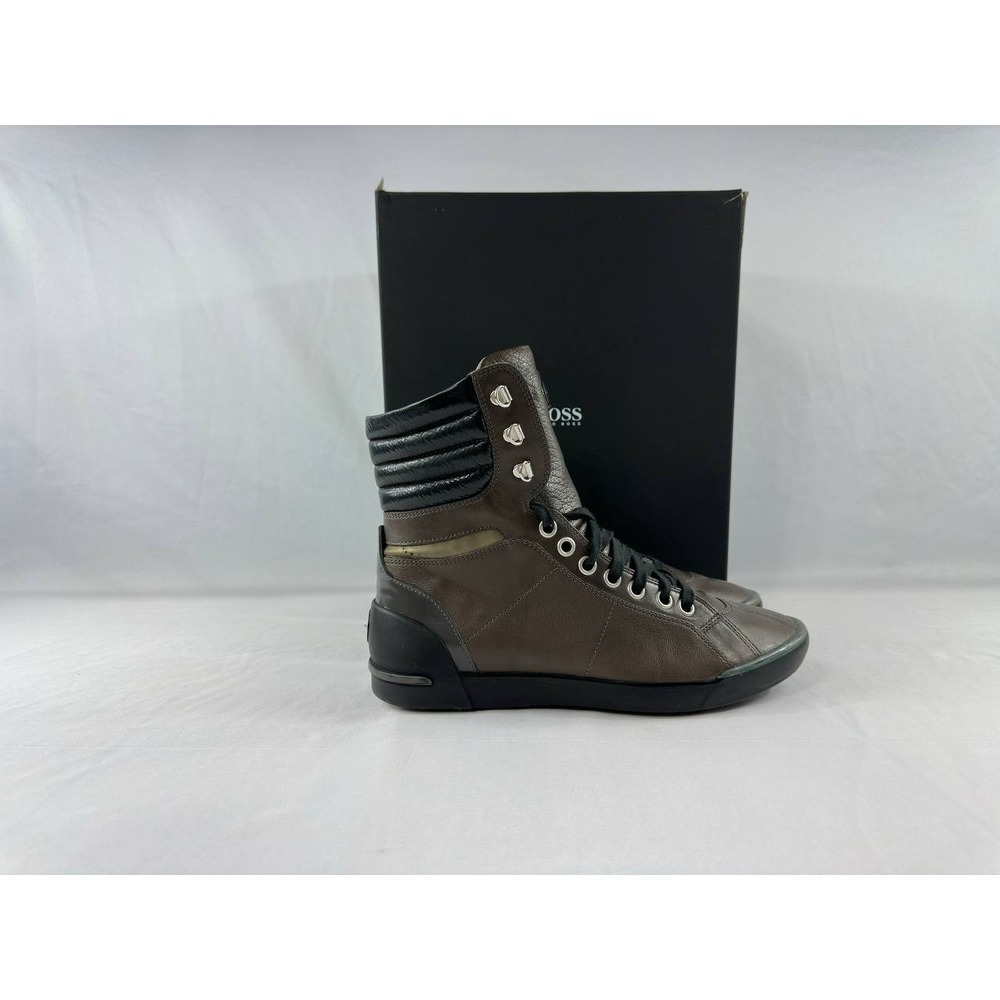 VTG Hugo Boss Hunters Leather High Top Lace Up Brown Sneakers Men's Size 40 US 7